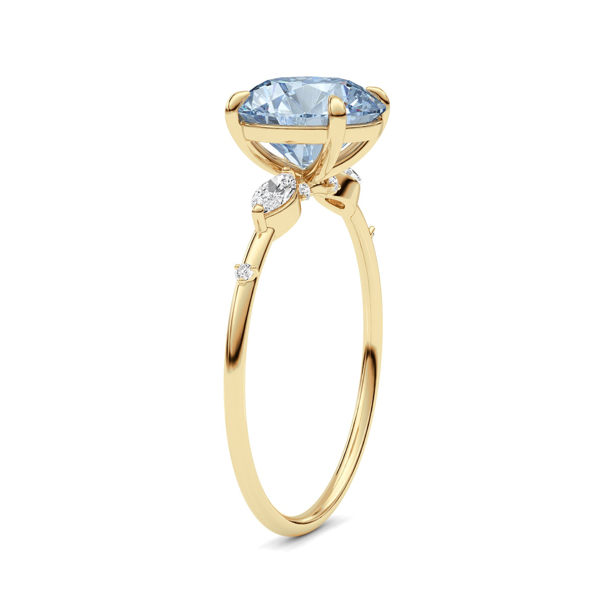 Yellow gold Fancy Blue Round Cut Diamond Marquise Side Stone Engagement Ring