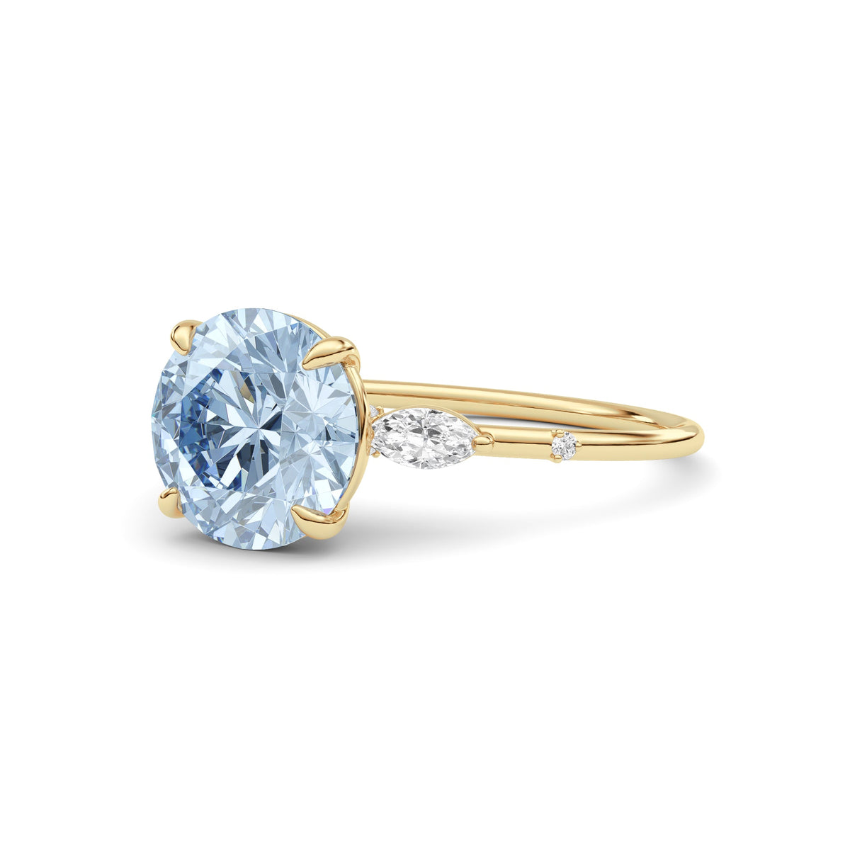 Yellow gold Fancy Blue Round Cut Diamond Marquise Side Stone Engagement Ring