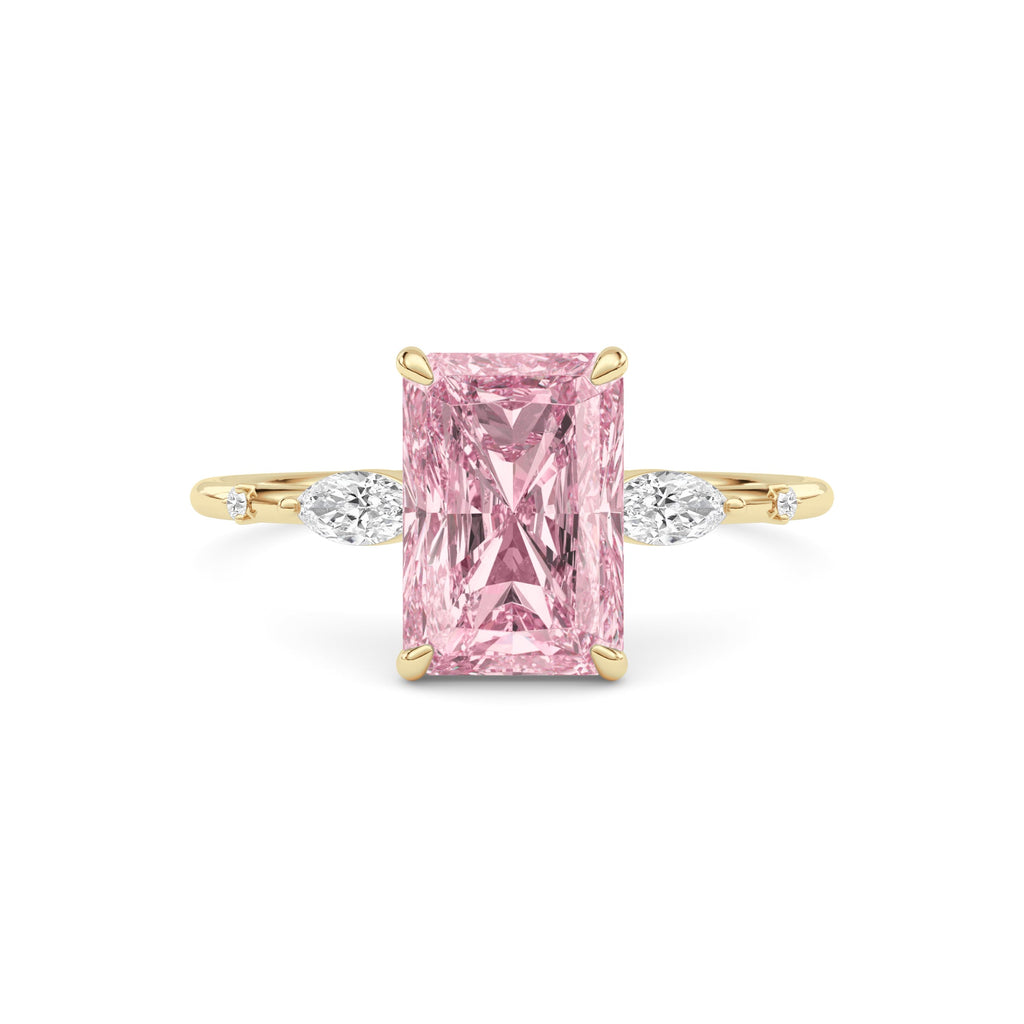 Yellow gold Fancy Pink Radiant Cut Diamond Marquise Side Stone Engagement Ring