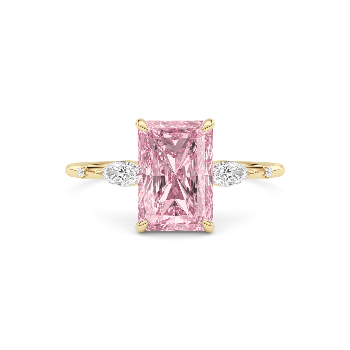 Yellow gold Fancy Pink Radiant Cut Diamond Marquise Side Stone Engagement Ring