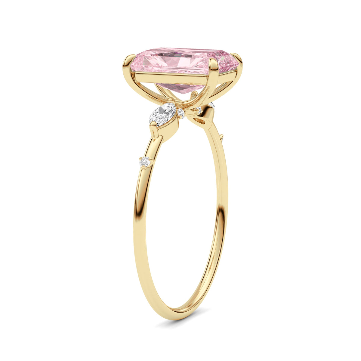 Yellow gold Fancy Pink Radiant Cut Diamond Marquise Side Stone Engagement Ring