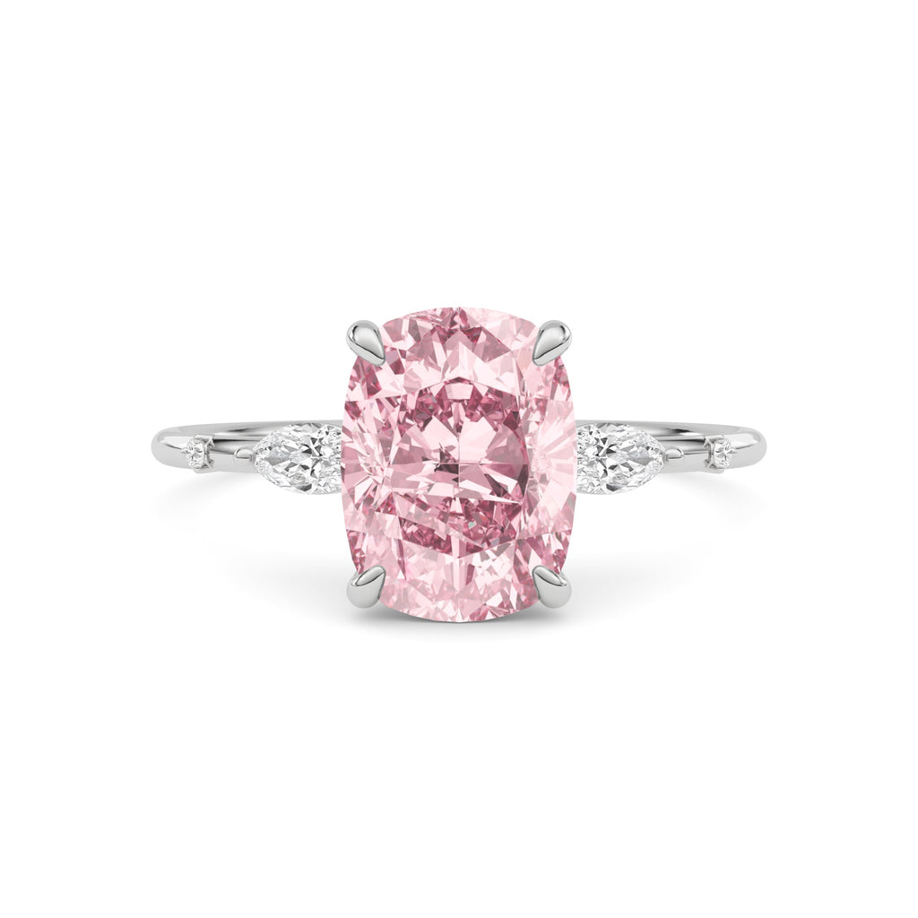 White gold Fancy Pink Cushion Cut Diamond Marquise Side Stone Engagement Ring