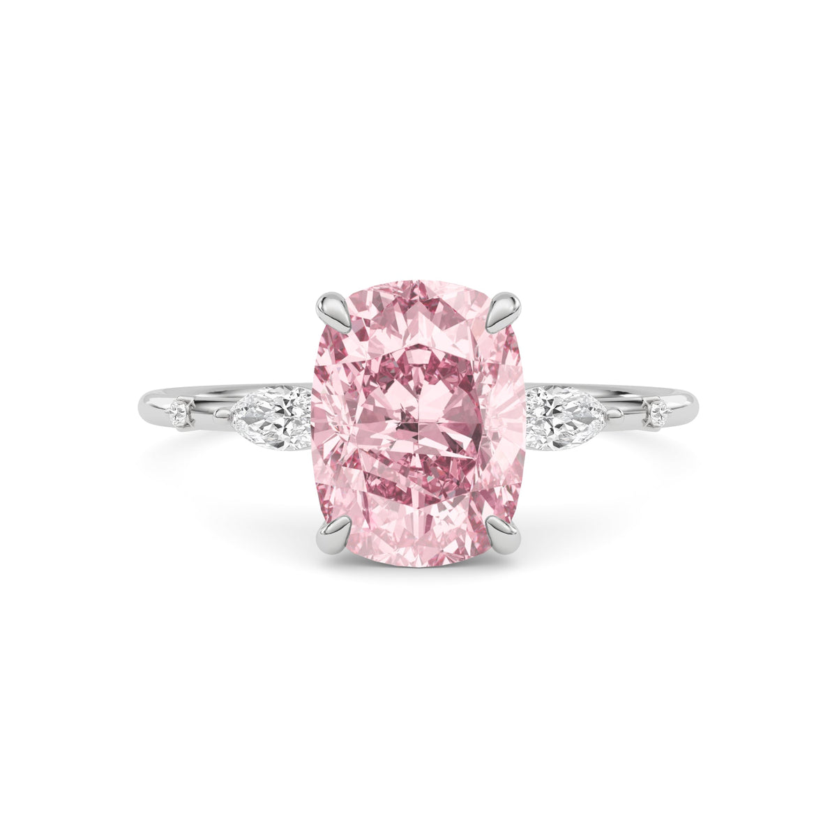 White gold Fancy Pink Cushion Cut Diamond Marquise Side Stone Engagement Ring