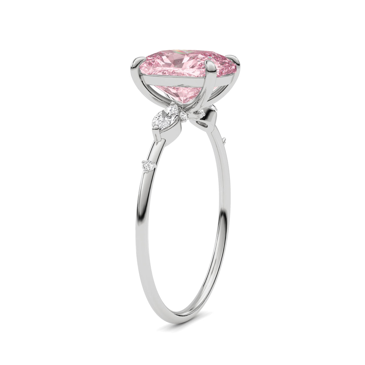 White gold Fancy Pink Cushion Cut Diamond Marquise Side Stone Engagement Ring