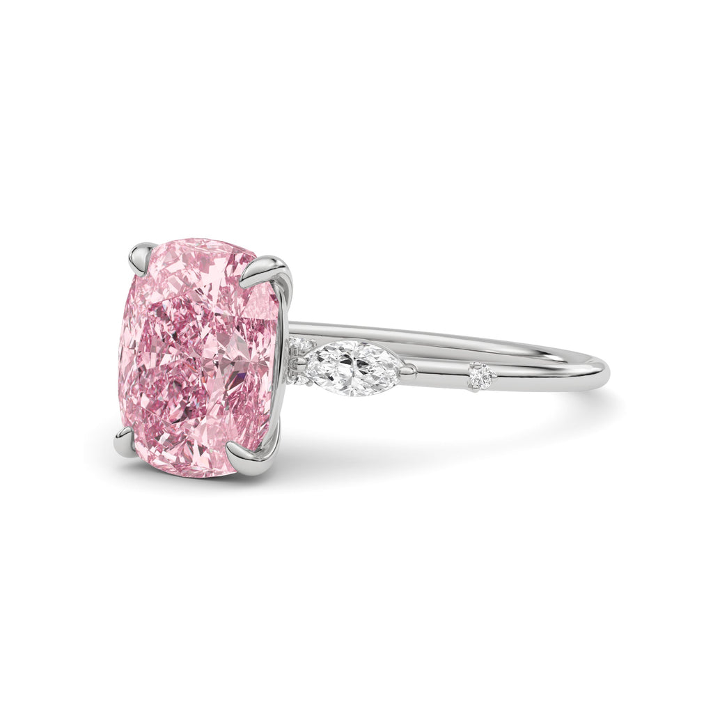 White gold Fancy Pink Cushion Cut Diamond Marquise Side Stone Engagement Ring