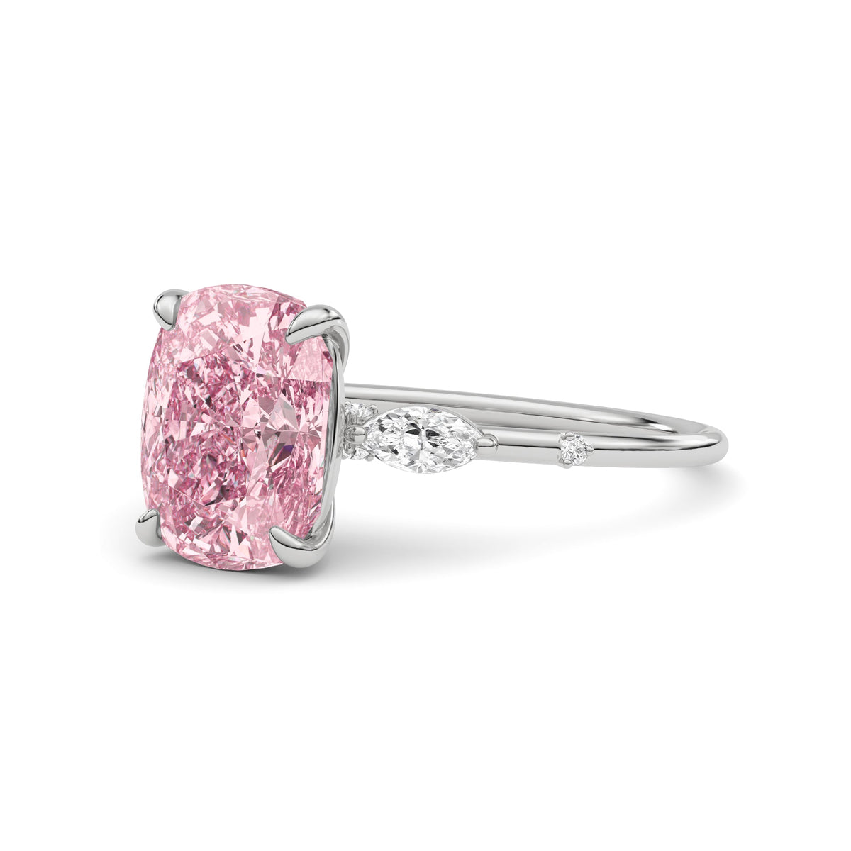 White gold Fancy Pink Cushion Cut Diamond Marquise Side Stone Engagement Ring