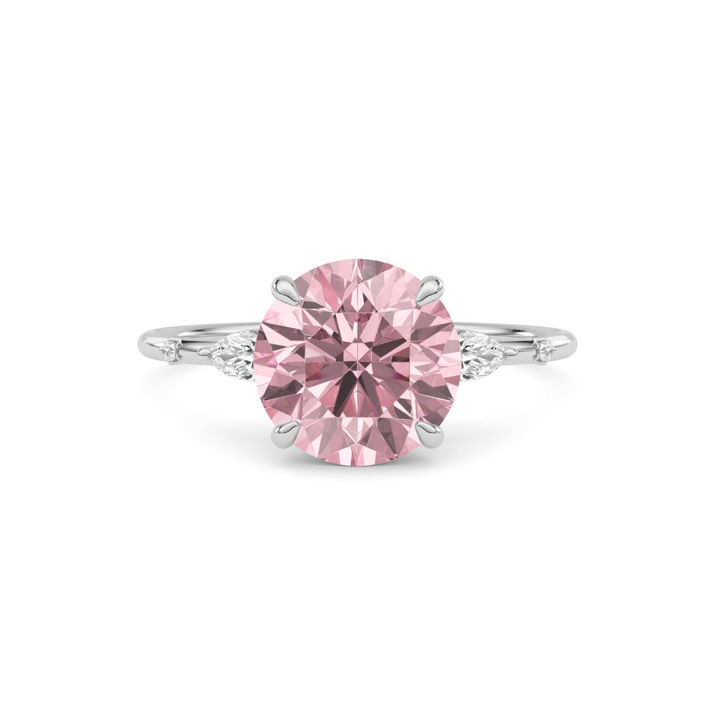 Silver Fancy Pink Round Cut Diamond Marquise Side Stone Engagement Ring