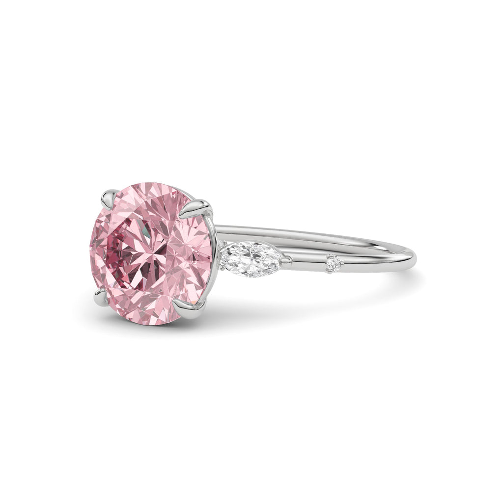 Silver Fancy Pink Round Cut Diamond Marquise Side Stone Engagement Ring
