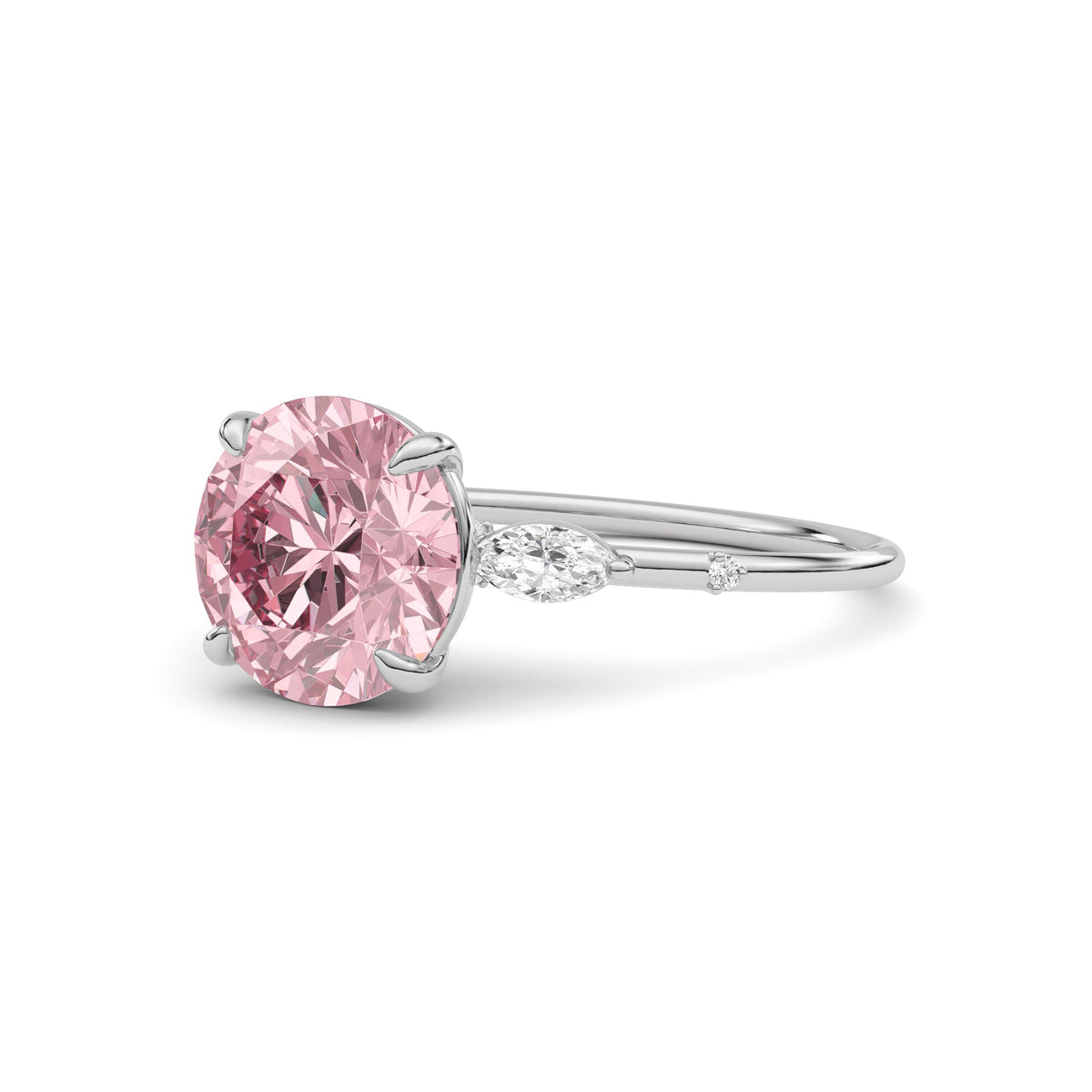 Silver Fancy Pink Round Cut Diamond Marquise Side Stone Engagement Ring