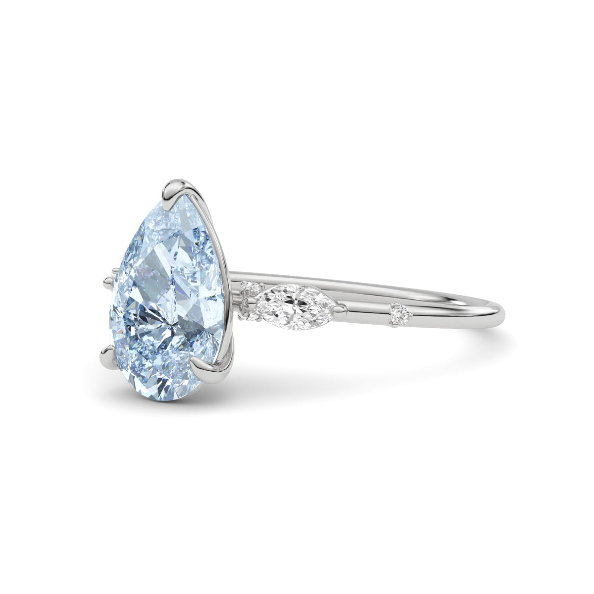 Silver Fancy Blue Pear Cut Diamond Marquise Side Stone Engagement Ring