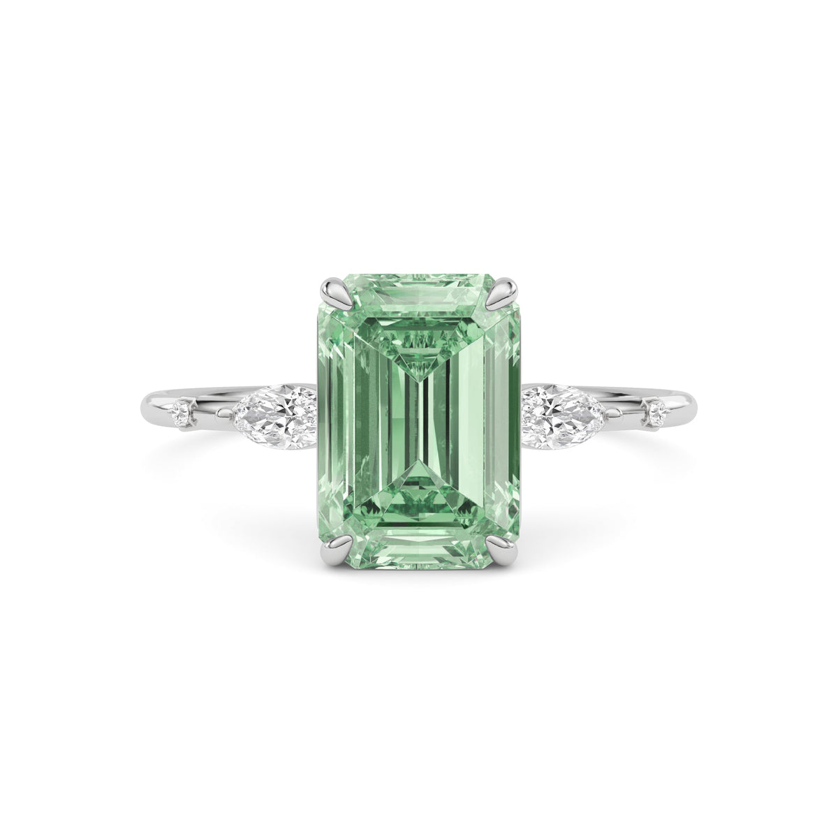 Platinum Fancy Green Emerald Cut Diamond Marquise Side Stone Engagement Ring