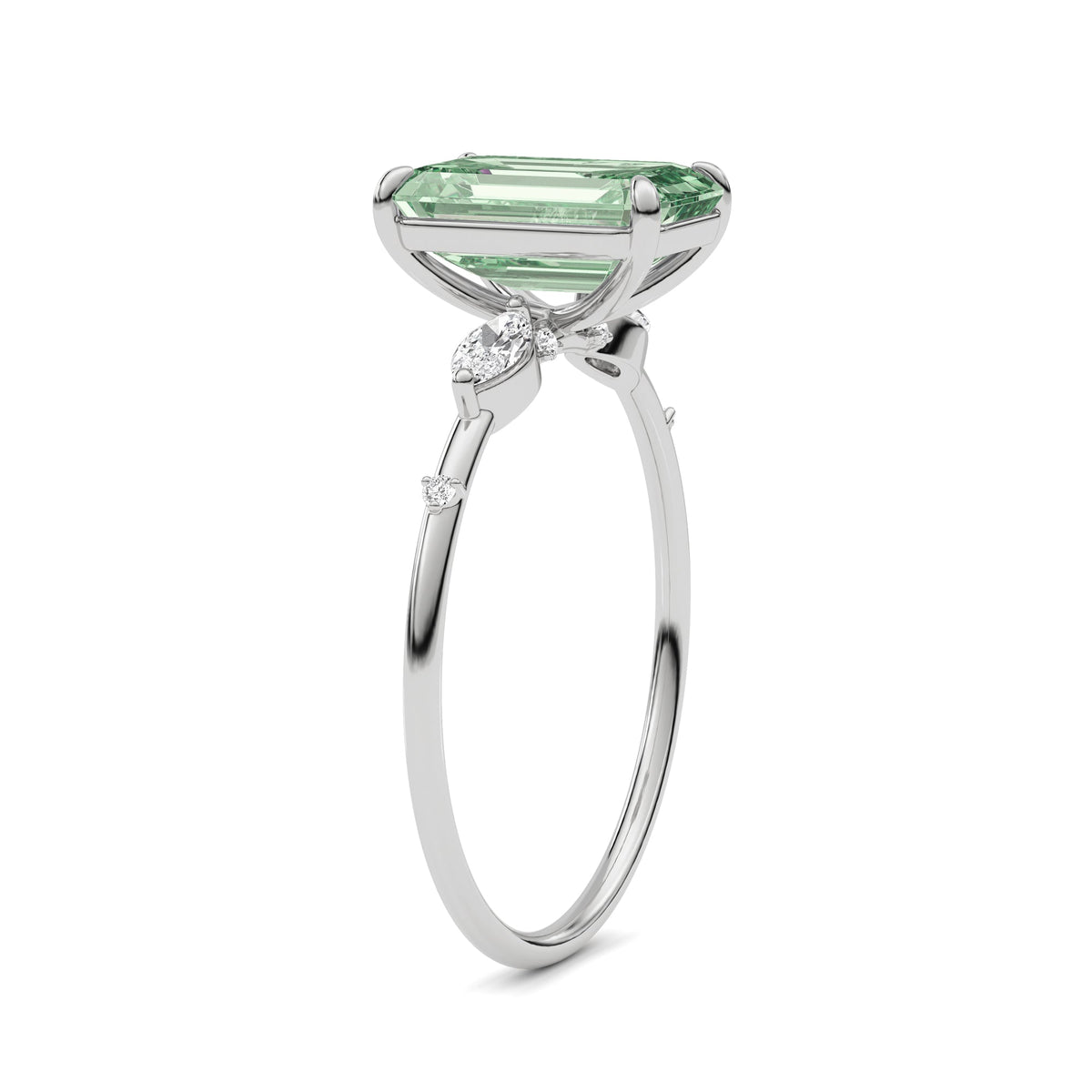 Platinum Fancy Green Emerald Cut Diamond Marquise Side Stone Engagement Ring