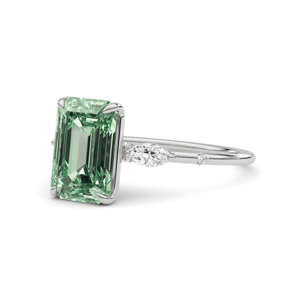 Platinum Fancy Green Emerald Cut Diamond Marquise Side Stone Engagement Ring
