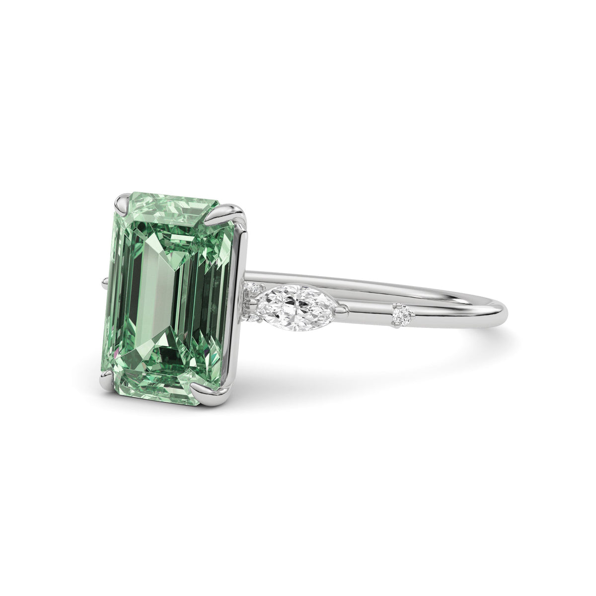 Platinum Fancy Green Emerald Cut Diamond Marquise Side Stone Engagement Ring