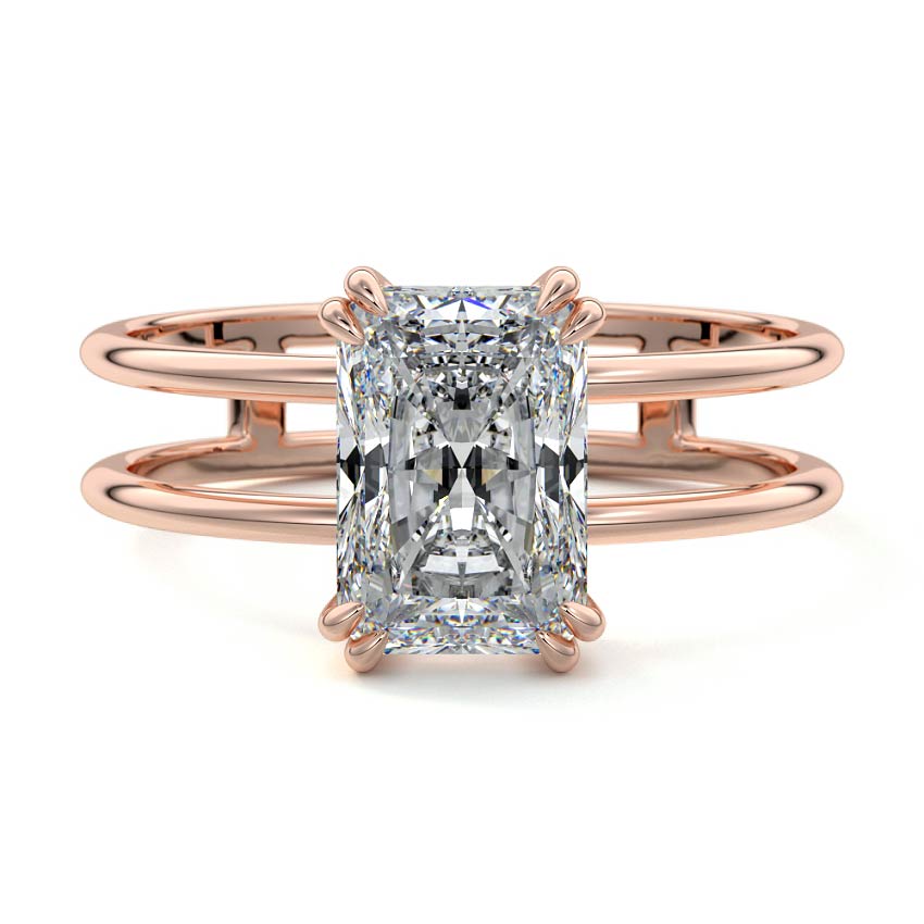 Rose gold Radiant Diamond Solitaire Engagement Ring with Double Band and Open Gallery Prong Setting