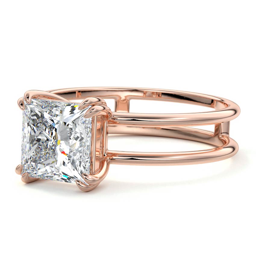 Rose gold Princess Diamond Solitaire Engagement Ring with Double Band and Open Gallery Prong Setting