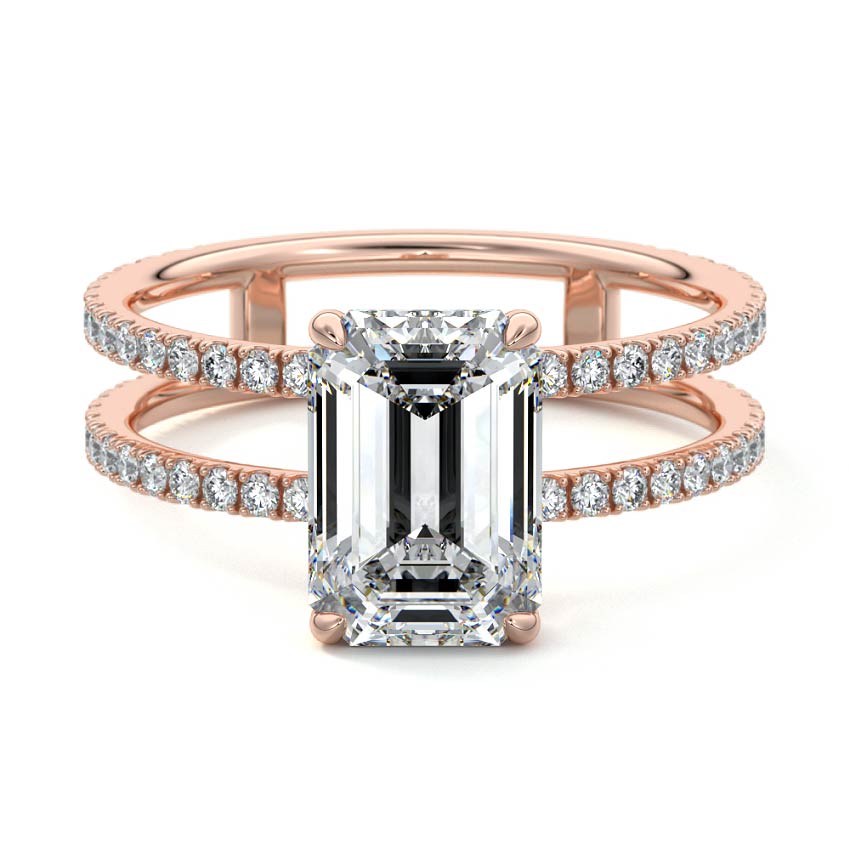 Rose gold Emerald Diamond Engagement Ring with Hidden Halo and Double Pave Split Shank