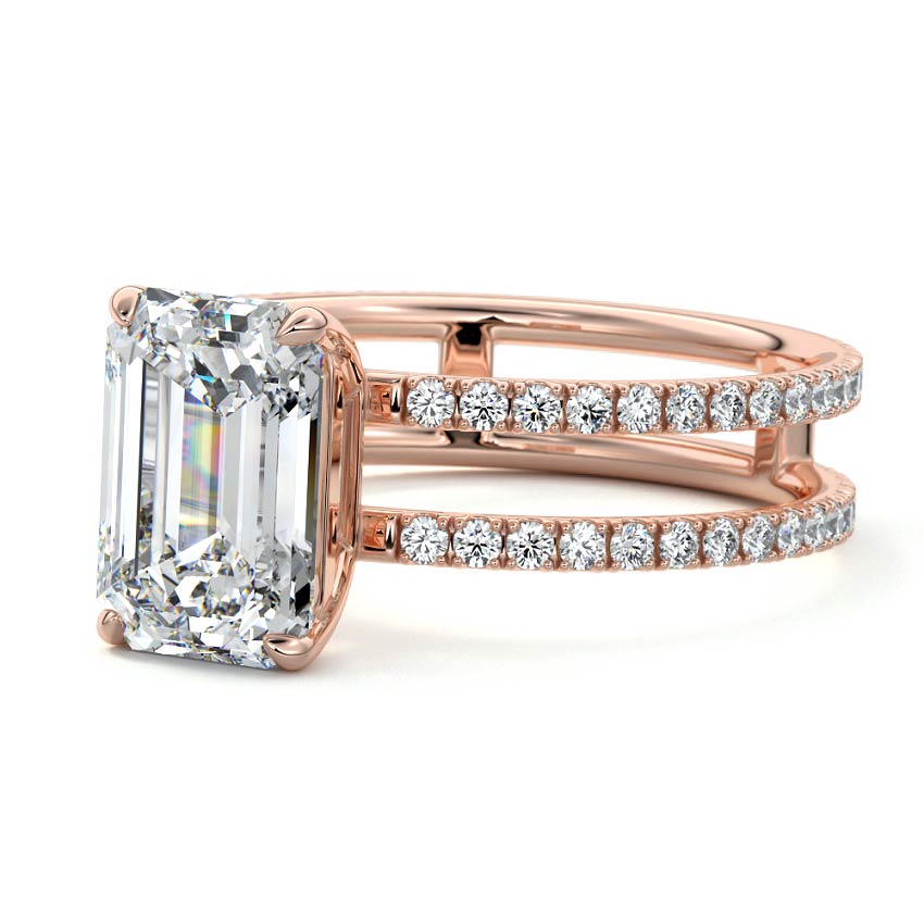 Rose gold Emerald Diamond Engagement Ring with Hidden Halo and Double Pave Split Shank