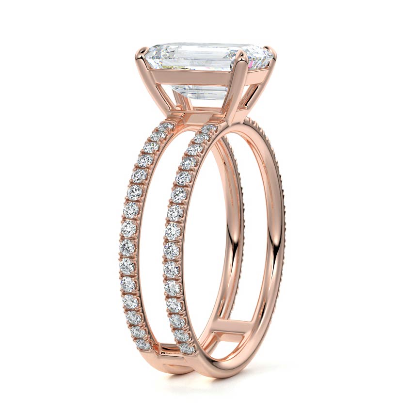 Rose gold Emerald Diamond Engagement Ring with Hidden Halo and Double Pave Split Shank