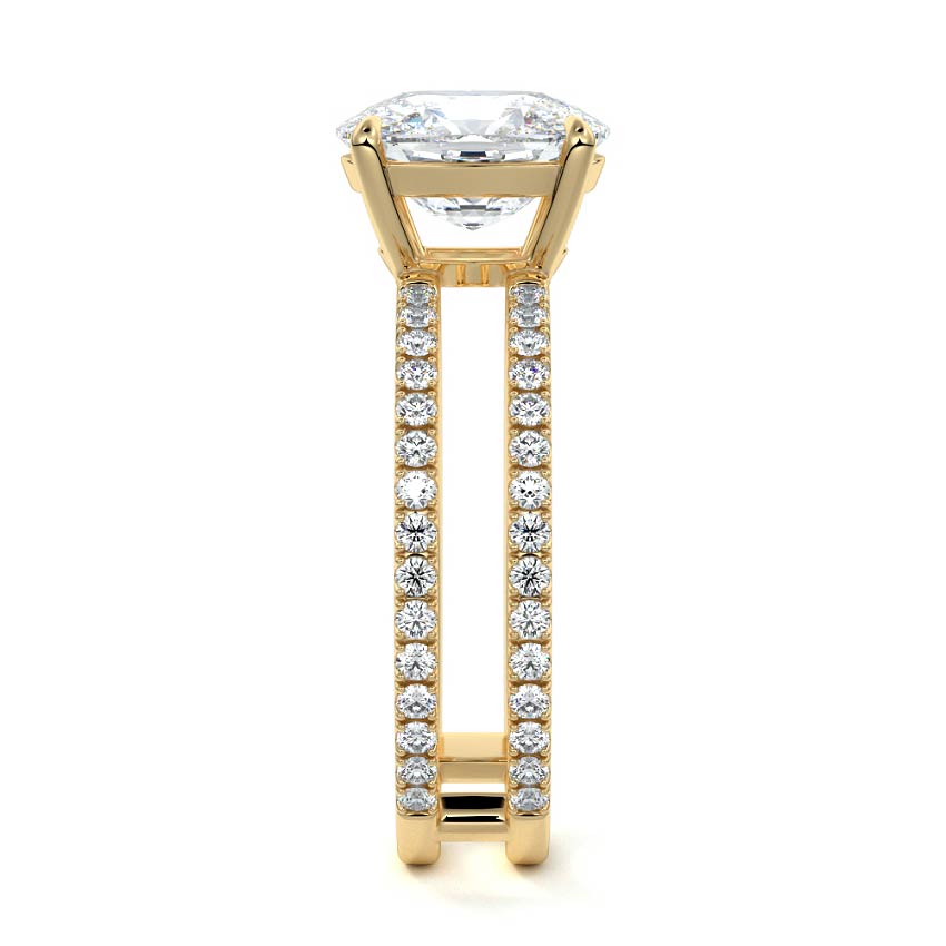 Yellow gold Cushion Diamond Engagement Ring with Hidden Halo and Double Pave Split Shank