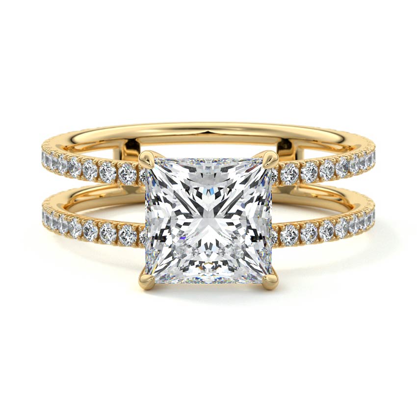 Yellow gold Princess Diamond Engagement Ring with Hidden Halo and Double Pave Split Shank