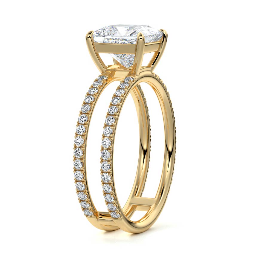 Yellow gold Princess Diamond Engagement Ring with Hidden Halo and Double Pave Split Shank