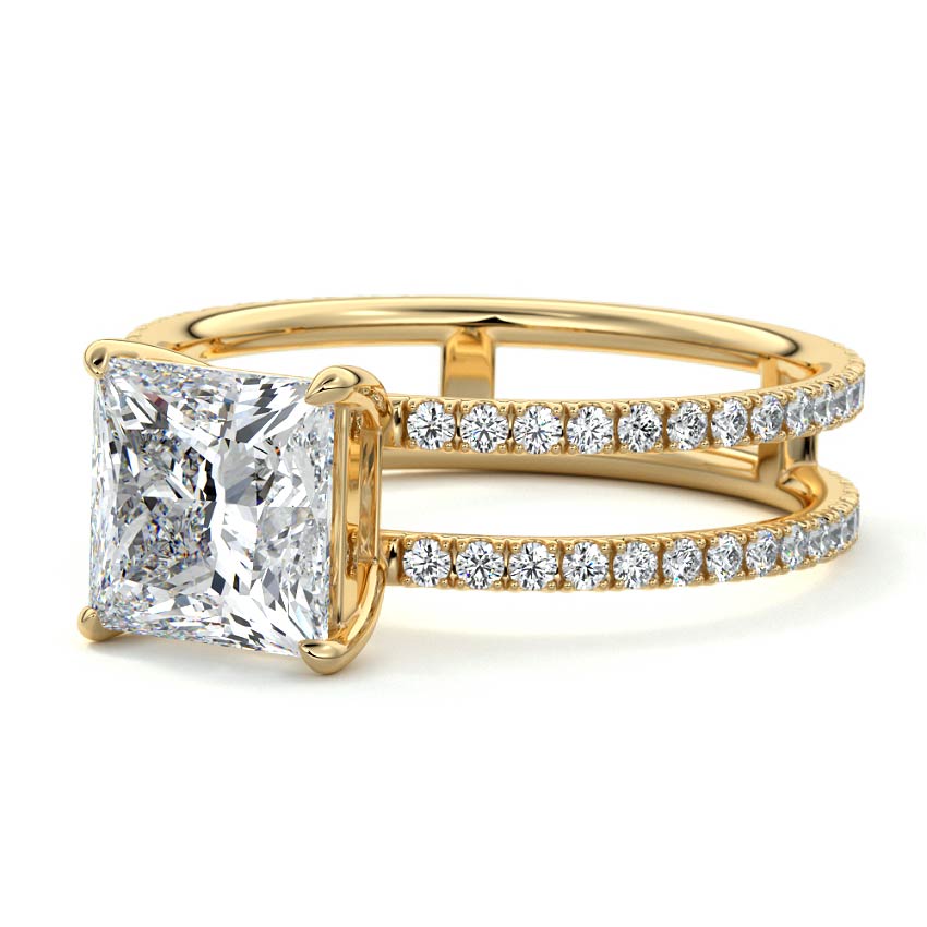 Yellow gold Princess Diamond Engagement Ring with Hidden Halo and Double Pave Split Shank