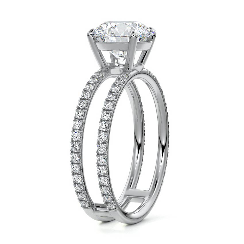 Silver Round Diamond Engagement Ring with Hidden Halo and Double Pave Split Shank