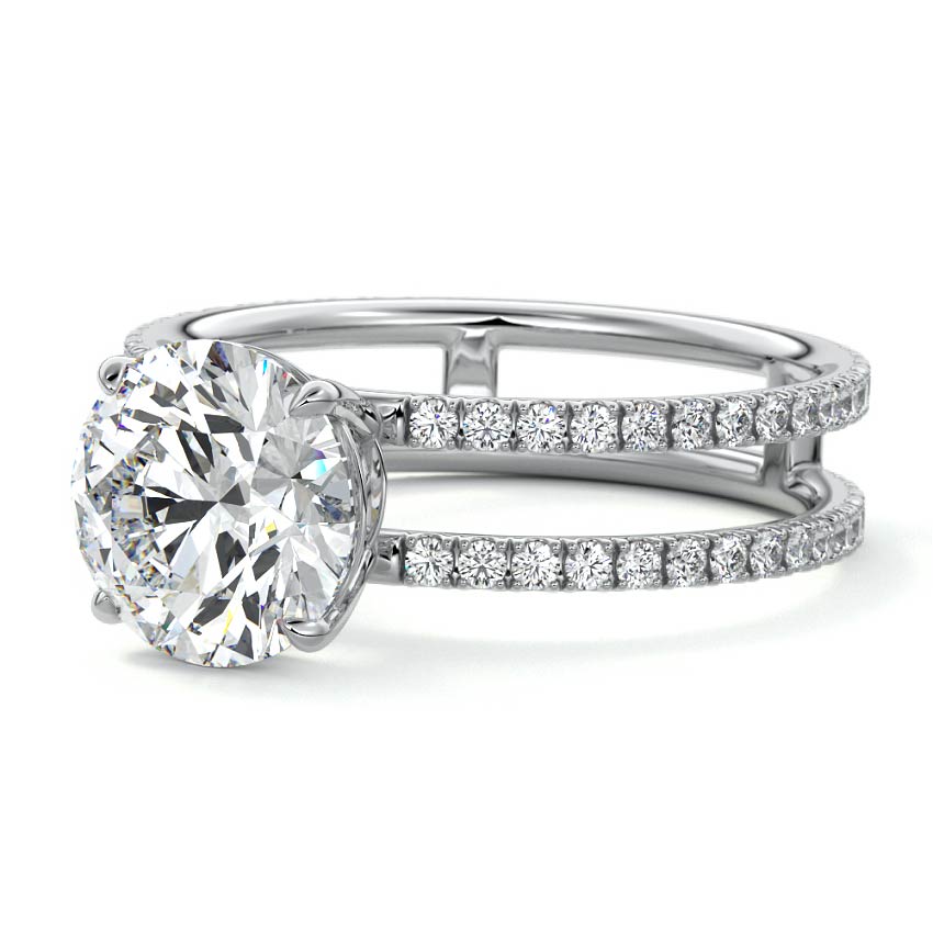 Silver Round Diamond Engagement Ring with Hidden Halo and Double Pave Split Shank