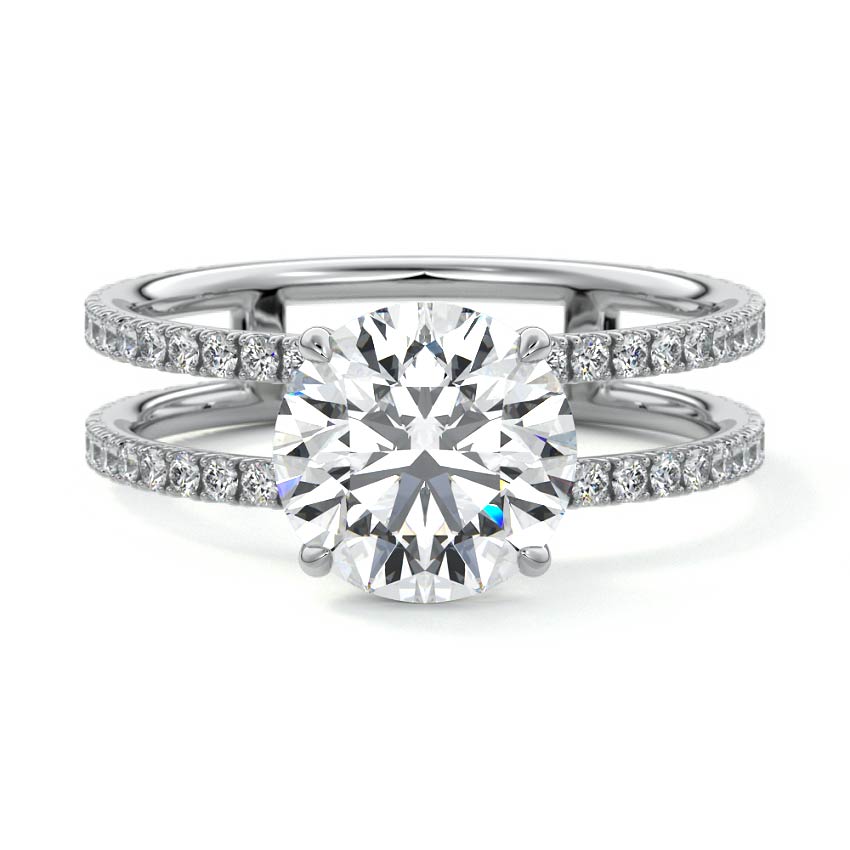 Silver Round Diamond Engagement Ring with Hidden Halo and Double Pave Split Shank