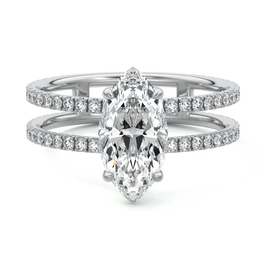 Silver Marquise Diamond Engagement Ring with Hidden Halo and Double Pave Split Shank
