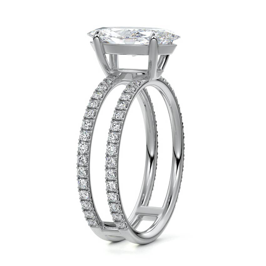 Silver Marquise Diamond Engagement Ring with Hidden Halo and Double Pave Split Shank