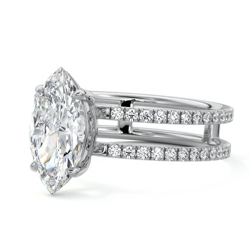 Silver Marquise Diamond Engagement Ring with Hidden Halo and Double Pave Split Shank