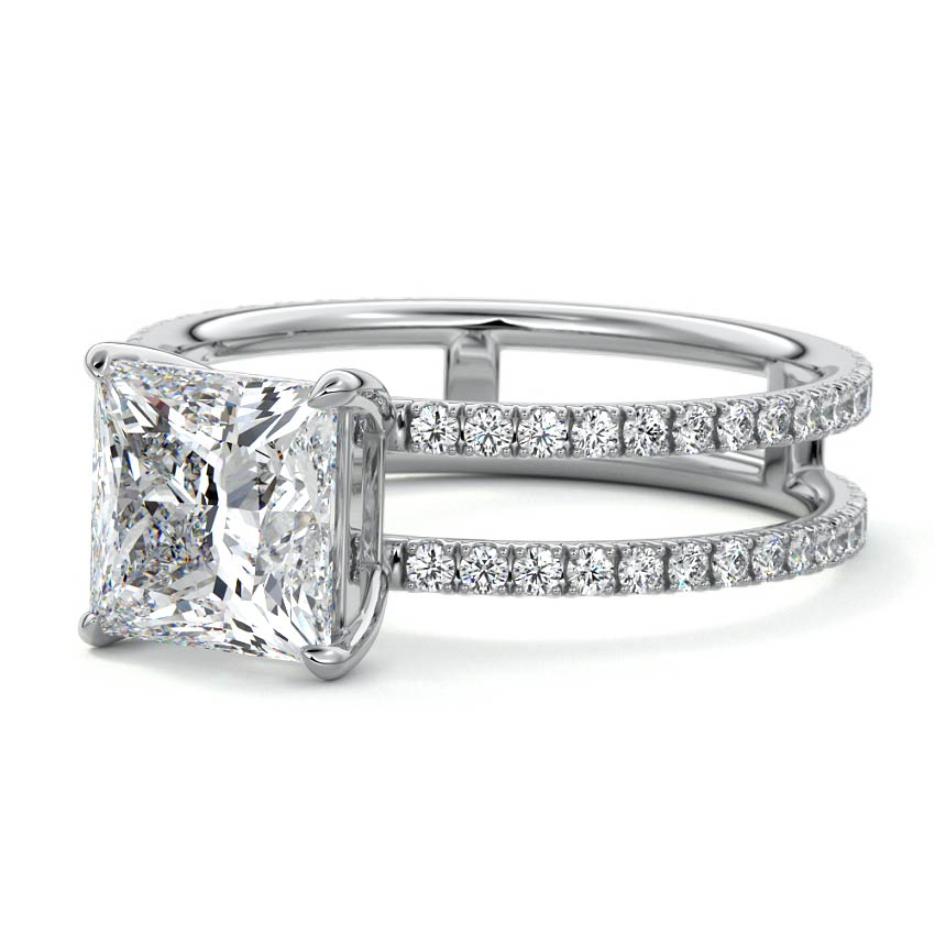 Silver Princess Diamond Engagement Ring with Hidden Halo and Double Pave Split Shank