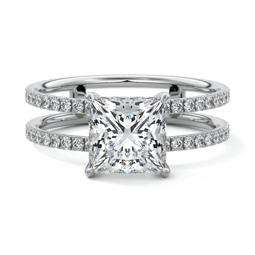 Platinum Princess Diamond Engagement Ring with Hidden Halo and Double Pave Split Shank