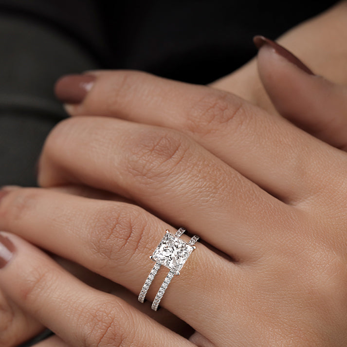 Platinum Princess Diamond Engagement Ring with Hidden Halo and Double Pave Split Shank