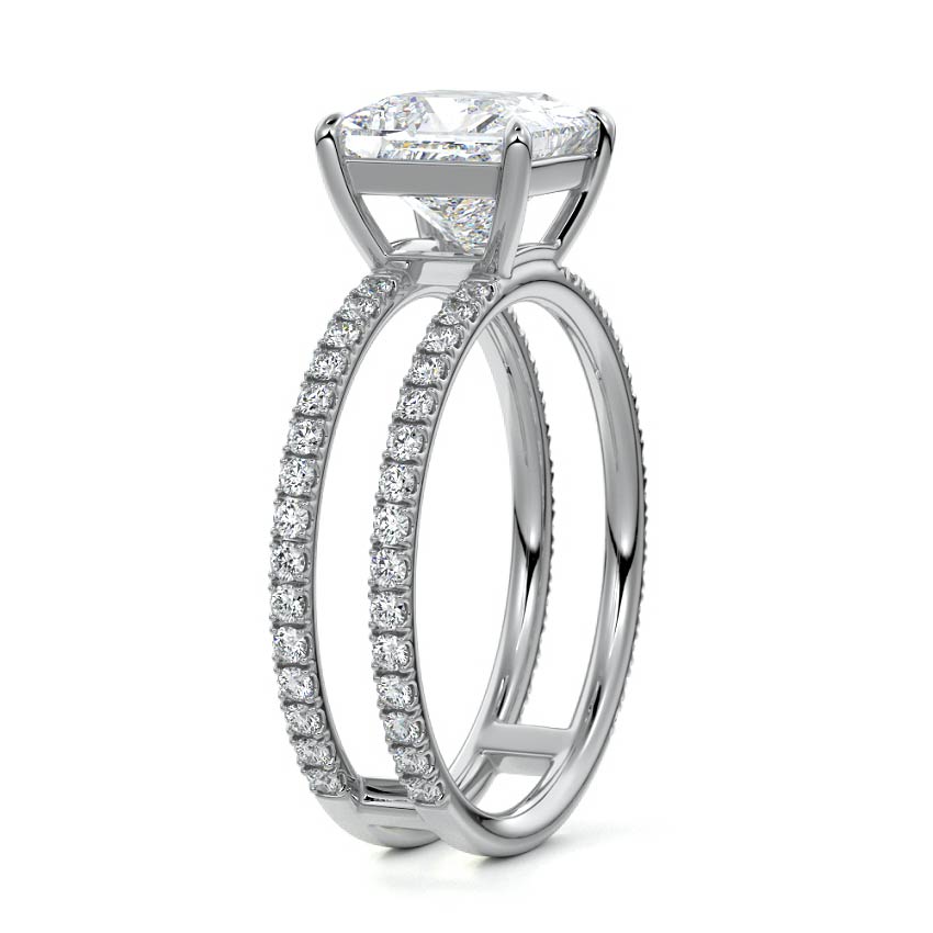 Platinum Princess Diamond Engagement Ring with Hidden Halo and Double Pave Split Shank