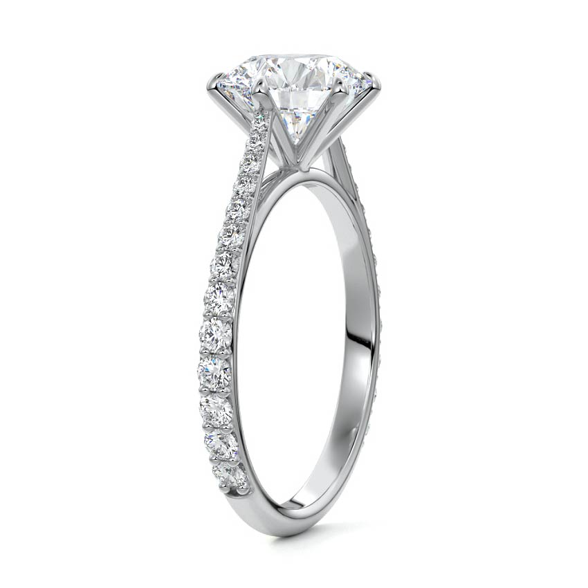 White gold Round Diamond Engagement Ring with Cathedral Setting and Pave Shoulder Accents