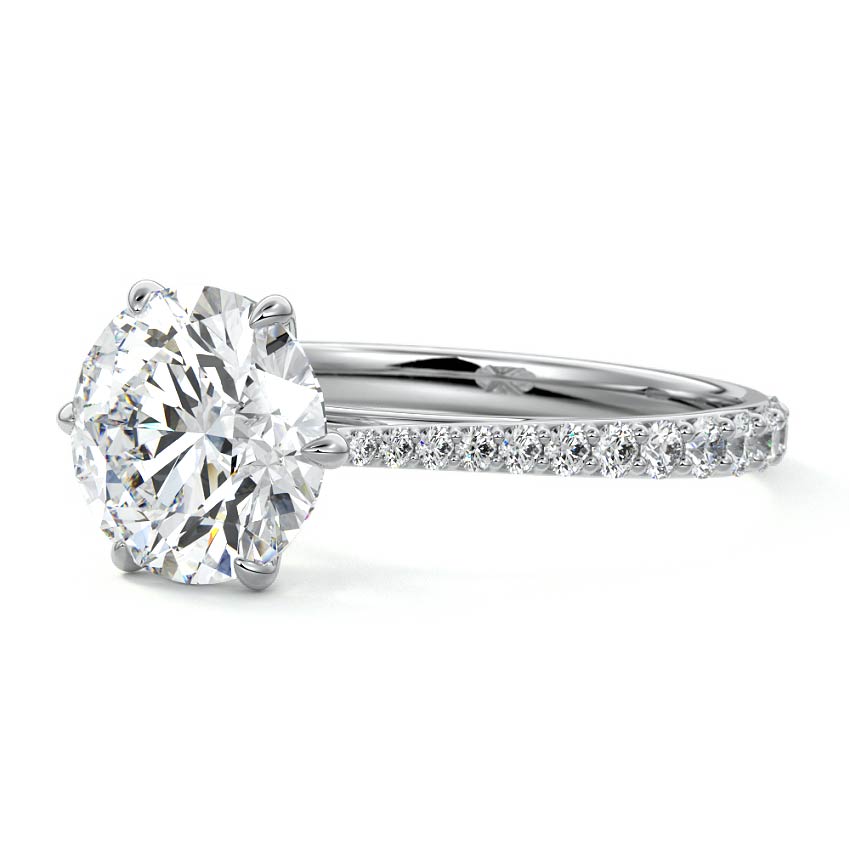 White gold Round Diamond Engagement Ring with Cathedral Setting and Pave Shoulder Accents