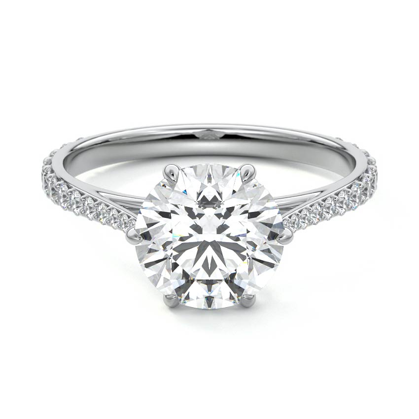 White gold Round Diamond Engagement Ring with Cathedral Setting and Pave Shoulder Accents