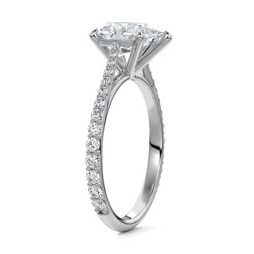 Silver Pear Diamond Engagement Ring with Cathedral Setting and Pave Shoulder Accents