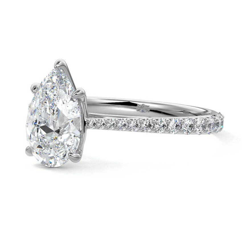 Silver Pear Diamond Engagement Ring with Cathedral Setting and Pave Shoulder Accents