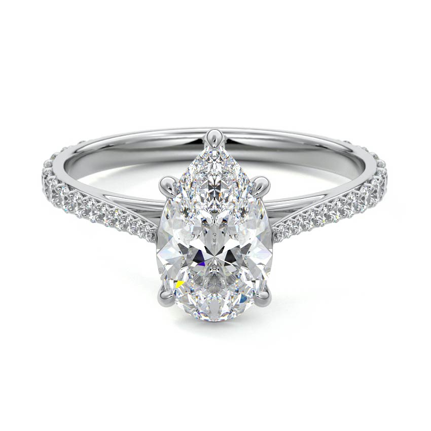 Silver Pear Diamond Engagement Ring with Cathedral Setting and Pave Shoulder Accents
