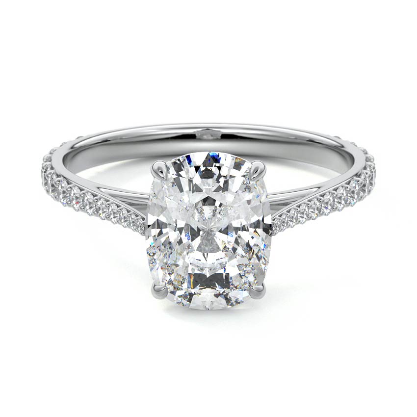 Silver Cushion Diamond Engagement Ring with Cathedral Setting and Pave Shoulder Accents