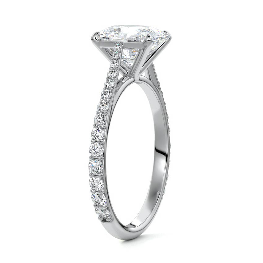 Silver Cushion Diamond Engagement Ring with Cathedral Setting and Pave Shoulder Accents