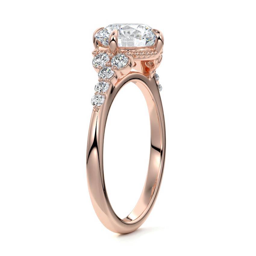 Rose gold Round Diamond Side Stone Engagement Ring with Cluster Accents