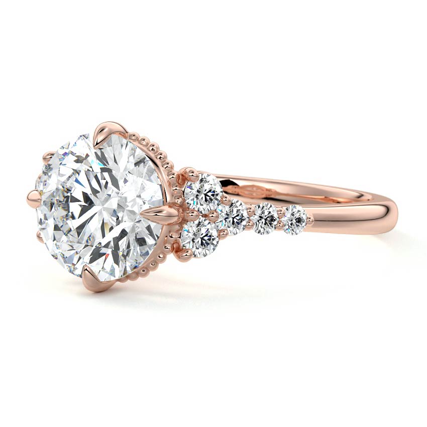 Rose gold Round Diamond Side Stone Engagement Ring with Cluster Accents