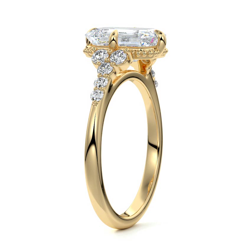 Yellow gold Emerald Diamond Side Stone Engagement Ring with Cluster Accents