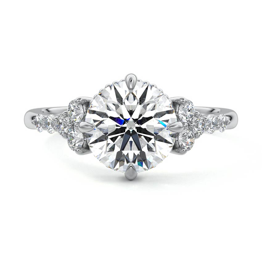Silver Round Diamond Side Stone Engagement Ring with Cluster Accents