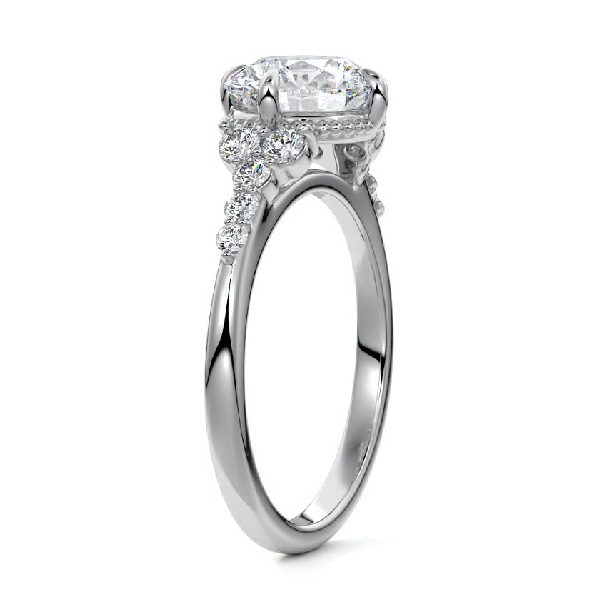 Silver Round Diamond Side Stone Engagement Ring with Cluster Accents